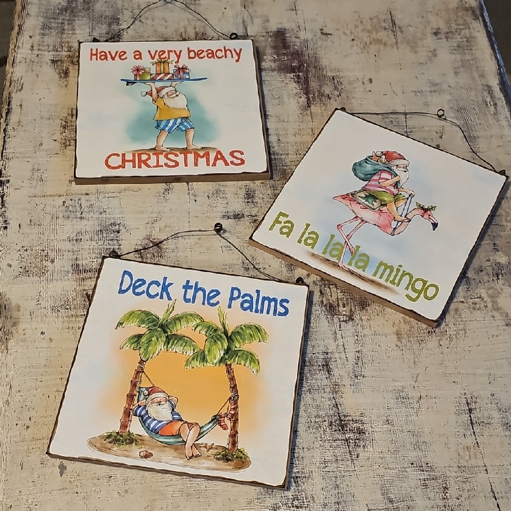 3 for $30 🌴Coastal Christmas Sign Lot (3) | Deck the Palms Santa Flamingo Decor